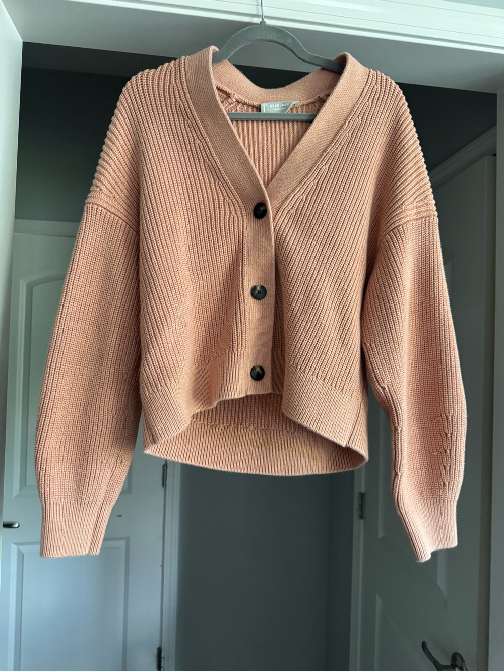 Everlane Organic Cotton Ribbed V-Neck Cropped Cardigan Dusty Pink Large